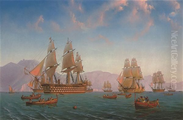 The British Mediterranean Fleet Exercising Off The Amalfi Coast At Sunset Oil Painting by Julius Prommel