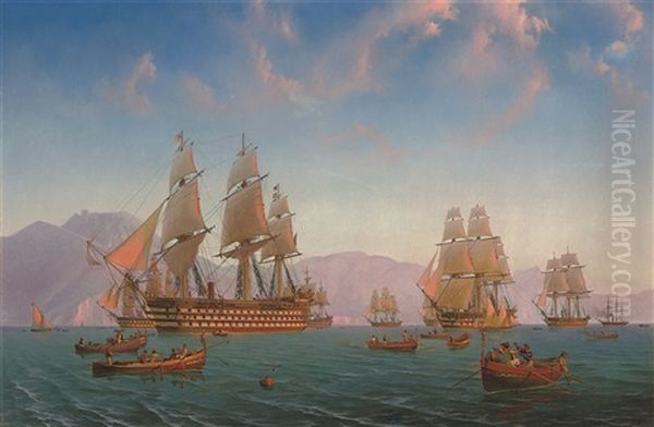 The British Mediterranean Fleet Exercising Off The Amalfi Coast Oil Painting by Julius Prommel