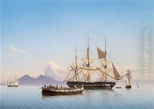 Fregat Torrer Sejl Og Kojer I Napolibugten Oil Painting by Julius Prommel