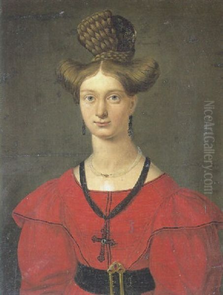 Portraet Af En Dame I Rod Kjole (kunstnerens Forlovede Og Senere Hustru Mary Texland De Seethorst?) Oil Painting by Julius Prommel