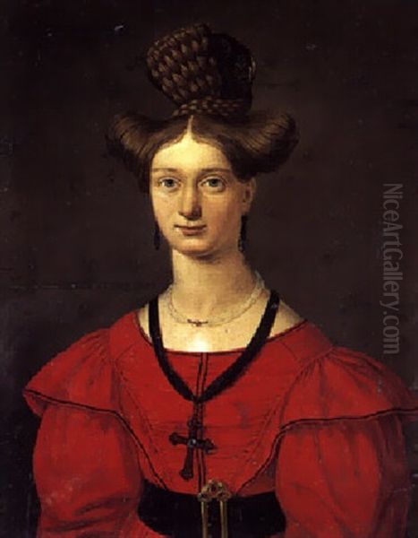 Portraet Af En Dame I Rod Kjole, Kunstnerens Forlovede Og Senere Hustru Mary Texland De Seethorst (?) by Julius Prommel