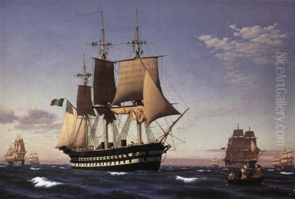 Marine Med Fransk Orlogsfartaj Oil Painting by Julius Prommel