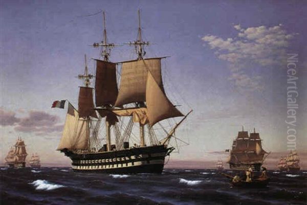 Marine Med Fransk Orlogsfartoj Oil Painting by Julius Prommel