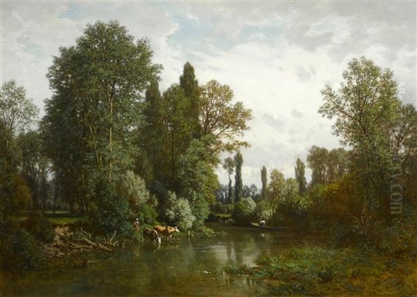 An Idyllic View Of The Seine Oil Painting by Louis Hector Pron