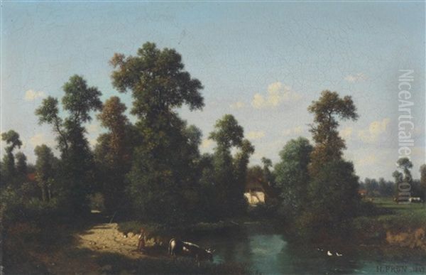 Flusslandschaft Mit Weidenden Kuhen Oil Painting by Louis Hector Pron