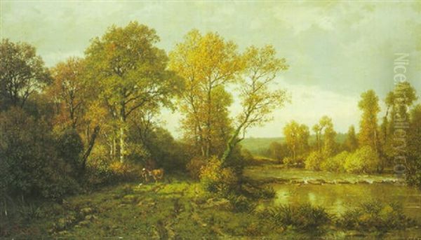 A River Landscape Oil Painting by Louis Hector Pron