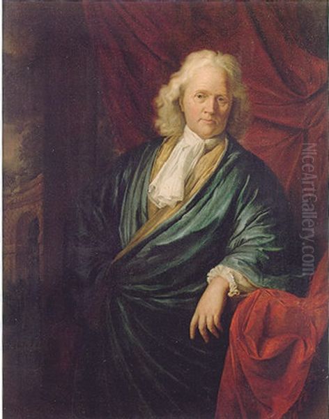 Portrait Of A Gentleman Wearing A Blue Silk Dressing Gown And White Jabot, Standing Beneath A Red Curtain by Cornelis Pronk