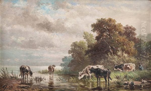 Kuhe Am Seeufer Oil Painting by Albert Jurardus van Prooijen