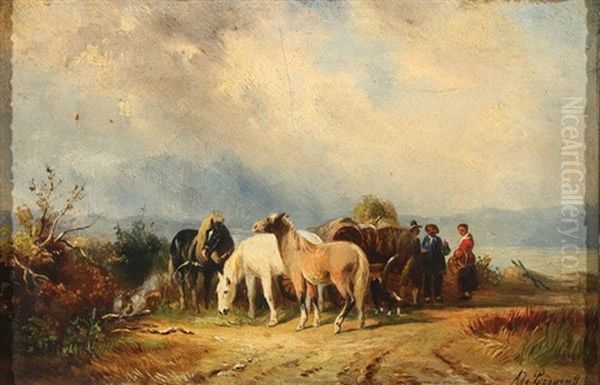 Horses And Figures In A Landscape Oil Painting by Albert Jurardus van Prooijen