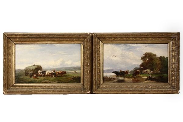 Cattle Watering And Haycart (2 Works) Oil Painting by Albert Jurardus van Prooijen