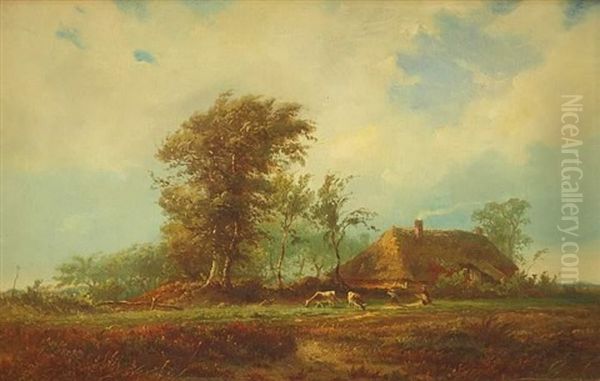 Bauernkate In Landschaft Mit Weidevieh Und Spielenden Kindern Oil Painting by Albert Jurardus van Prooijen