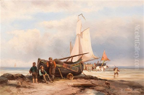 Shell Fishers By The Boat On The Beach Oil Painting by Albert Jurardus van Prooijen