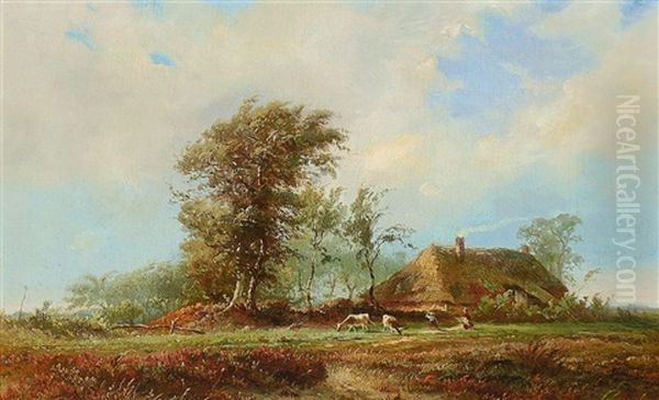 Zwei Kinder Mit Kuhen Vor Einem Bauernhaus Oil Painting by Albert Jurardus van Prooijen