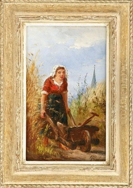 Bauerin Mit Schubkarren (+ Junge Mit Besen Vor Schneelandschaft; 2 Works) Oil Painting by Albert Jurardus van Prooijen