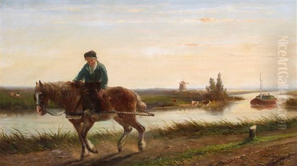 Treidler An Einem Hollandischen Flus Oil Painting by Albert Jurardus van Prooijen