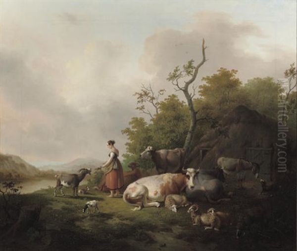 Watering Cows (pair) Oil Painting by Albert Jurardus van Prooijen