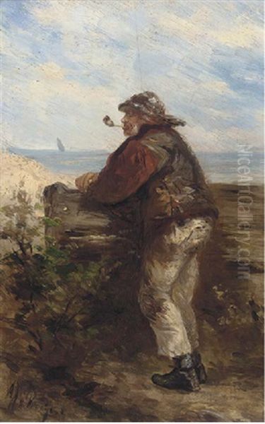 A Fisherman Looking Out To Sea Oil Painting by Albert Jurardus van Prooijen