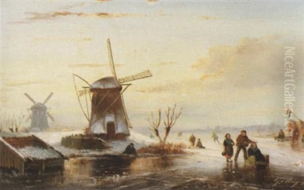 Winterliche Abendstimmung Auf Einem Hollandischen Kanal Oil Painting by Albert Jurardus van Prooijen