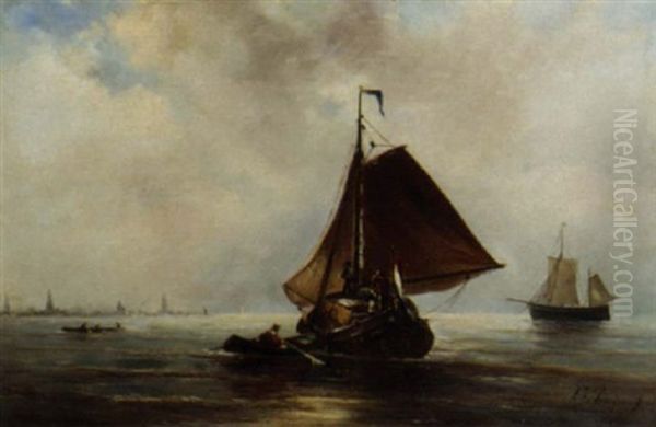 A Hay Barge On The Ij, Amsterdam In The Distance Oil Painting by Albert Jurardus van Prooijen