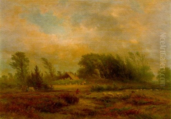 A Heath Landscape In Autumn With A Shepherd And His Flock In The Foreground Oil Painting by Albert Jurardus van Prooijen