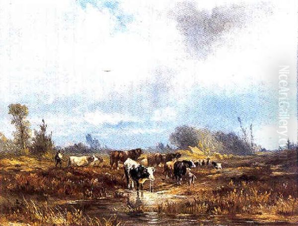 Herderspaar Met Drinkende Koeien En Kalfjes Oil Painting by Albert Jurardus van Prooijen