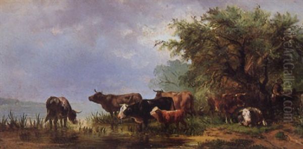 Cows Drinking Oil Painting by Albert Jurardus van Prooijen