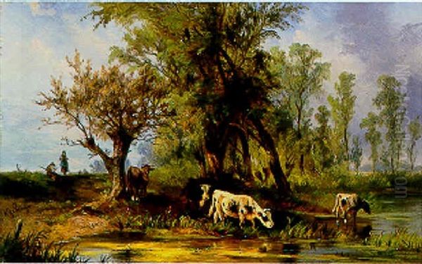 Vaches S'abreuvant Oil Painting by Albert Jurardus van Prooijen