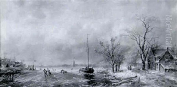 Hollaendisches Flussufer Im Winter Oil Painting by Albert Jurardus van Prooijen