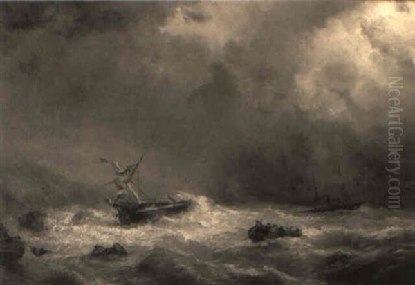 A Shipwreck In Stormy Weather Oil Painting by Albert Jurardus van Prooijen