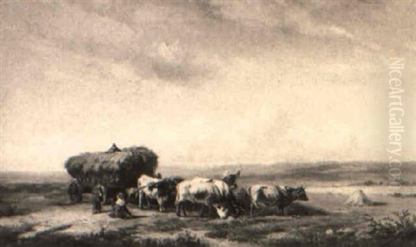 An Extensive Summer Landscape With A Hay-cart Drawn By Cattle Oil Painting by Albert Jurardus van Prooijen