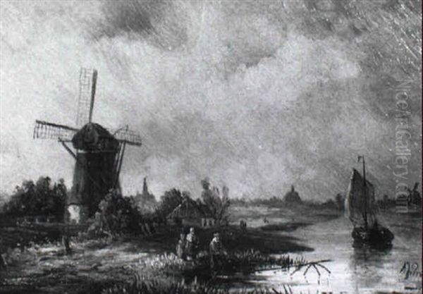 Windmuhle In Sommerlandschaft Oil Painting by Albert Jurardus van Prooijen