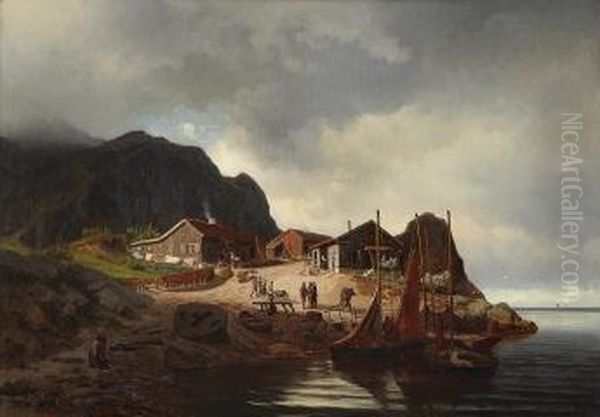 Coastal Landscape With Figures 1855 Oil Painting by Reinholdt Boll