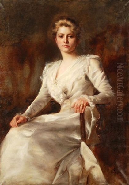 Portrait Einer Eleganten Dame In Weissem Kleid Oil Painting by Otto Propheter