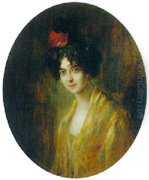 Portrait Of A Lady Wearing A Yellow Dress With A Red Ribbon In Her Hair Oil Painting by Otto Propheter