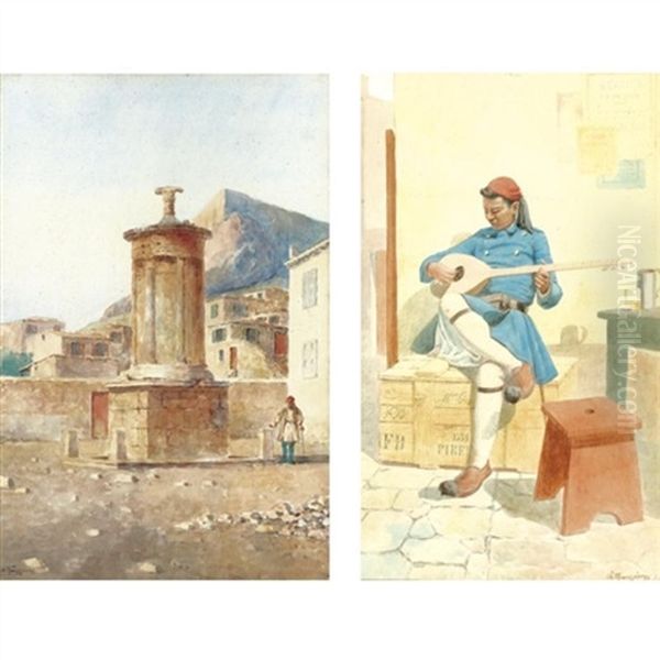 The Lyssicrates Monument & A Greek Musician Oil Painting by Emilios Prosalentis