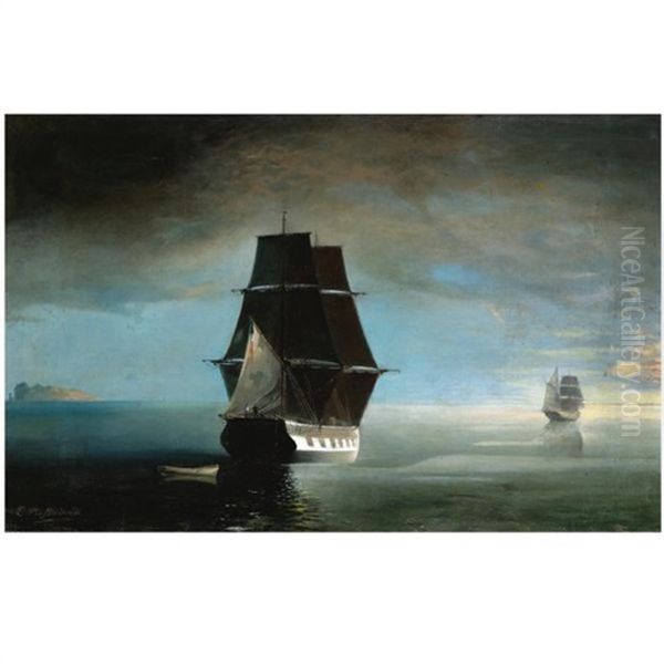 Ships At Sea Oil Painting by Helen Prosalentis