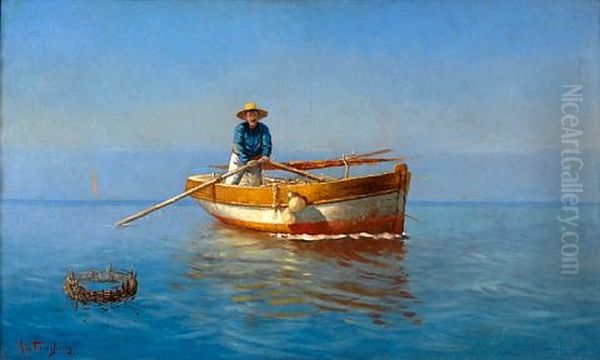 Fisherman On Rowing Boat Oil Painting by Emilios Prossalentis