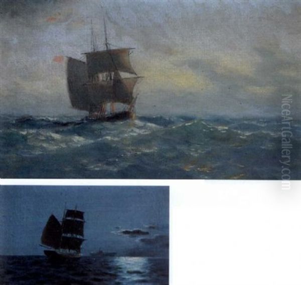 Sailing In The Moonlight (+ Sailing At Dawn; 2 Works) Oil Painting by Emilios Prossalentis