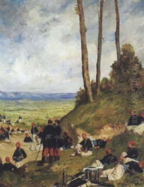 Lager Franzosischer Zuaven Mit Zwei Offizieren Im Vordergrund Oil Painting by Paul-Alexandre Protais