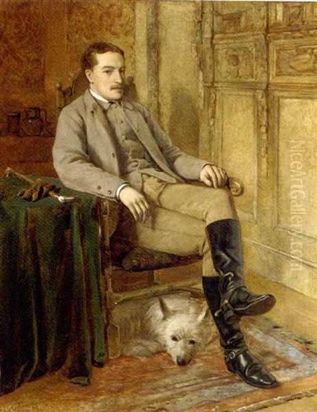 Portrait Of R.w.r. Mackenzie Of Stormontfield, Small Full-length, Seated, In Riding Dress With A West Highland Terrier Oil Painting by William Proudfoot