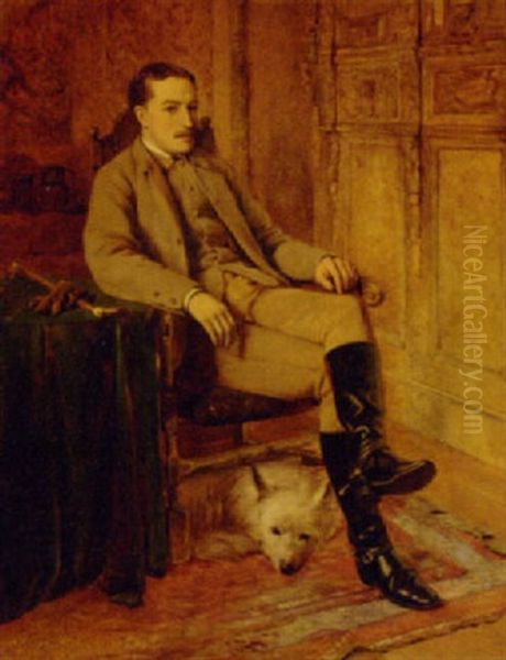 Portrait Of R.w.r. Mackenzie Esq., Of Stormontfield, In A Brown Suit, A Dog At His Feet, In A Panelled Room Oil Painting by William Proudfoot