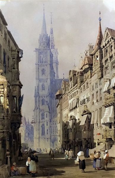 French Townscape With Cathedral Oil Painting by Samuel Prout