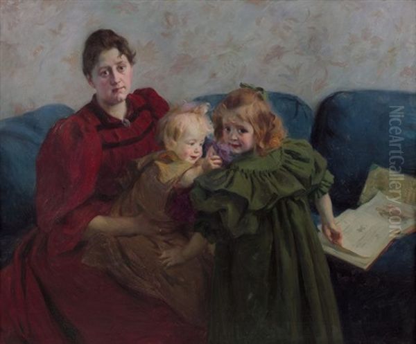 Portrait De Madame Meyer Et De Ses Enfants Oil Painting by Victor Emile Prouve