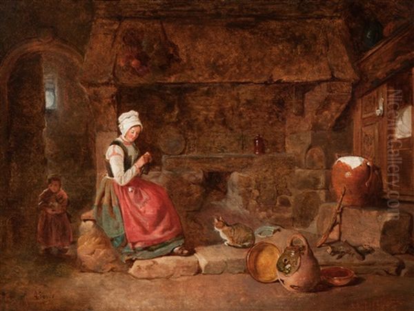 A Young Mother In The Kitchen, Various Objects And A Cat In Front Of Her Oil Painting by Alfred Provis