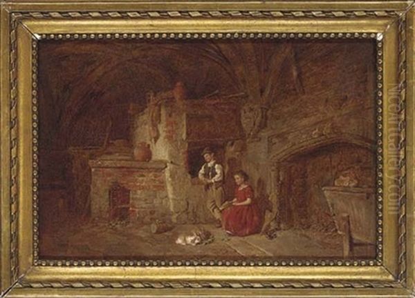 A Young Boy And Girl In A Kitchen Interior Feeding Rabbits Oil Painting by Alfred Provis