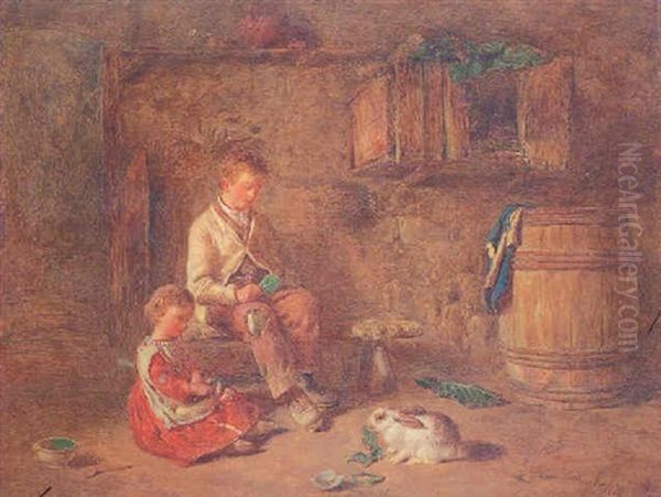 Interior Cottage With A Boy And A Girl Feeding A Rabbit Oil Painting by Alfred Provis