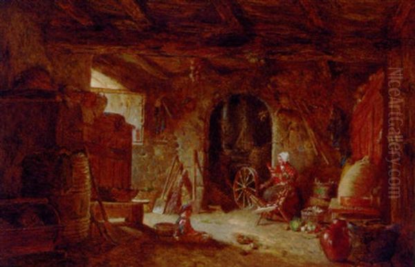 A Cottage Interior With A Woman At A Spinning Wheel Oil Painting by Alfred Provis