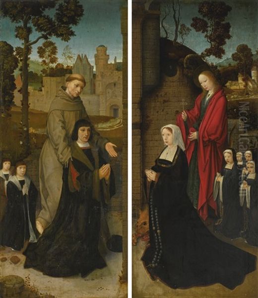 Two Double-sided Wings Of A Triptych Left Panel: Saint Francis With A Male Donor And Two Sons (verso); The Angel Of The Annunication En Grisaille (recto); Right Panel: Saint Margaret Of Antioch With A Female Donor And Four Daughters (verso); The Virgin An Oil Painting by Jan Provoost