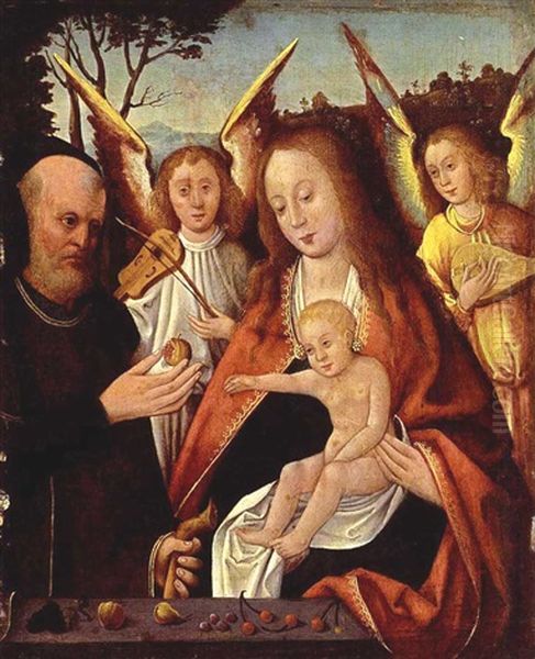 The Holy Family With Angels Making Music In A Landscape Oil Painting by Jan Provoost