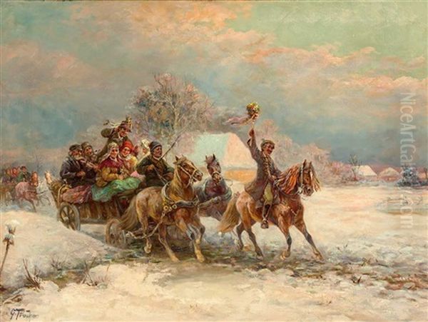 Hochzeitsgesellschaft Auf Einem Fuhrwerk In Winterlandschaft by Gustav Prucha